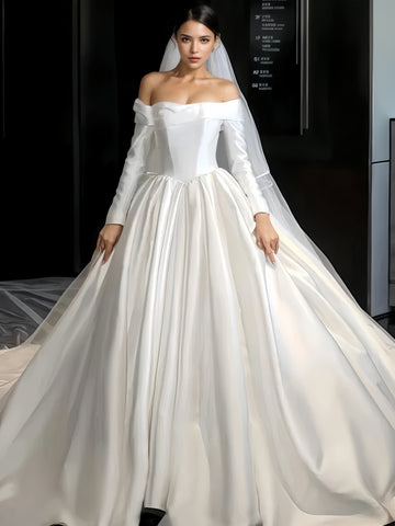 Satin A Line Off The Shoulder Wedding Dress