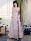 Purple A Line Tulle Floral Colorful Prom Dress