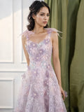 Purple A Line Tulle Floral Colorful Prom Dress