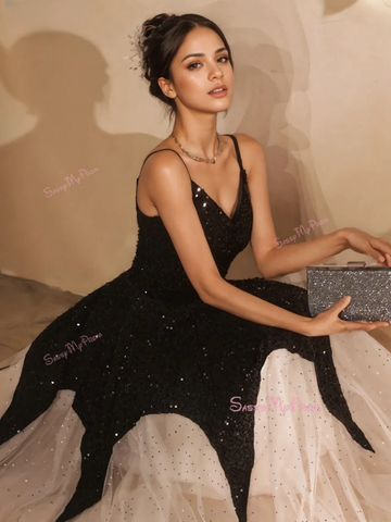 Spaghetti Straps Sequin Black & White Long Prom Party Dress US2 / Blue Spaghetti Straps Sequin Black & White Long Prom Party Dress US2 / Blue