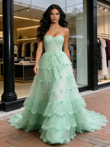 Green Flower Tulle Sparkle Sweetheart A Line Prom Dress
