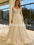 V Neck A Line Tulle Appliques Long Sleeve Wedding Dress