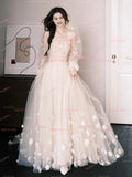 Flower Tulle Long Sleeve Off The Shoulder Wedding Dress
