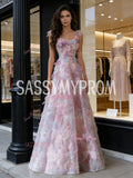 Tulle Beading Straps Floral A Line Prom Dress
