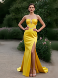 Beading Trumpet Mermaid Yellow Sweetheart Prom Dress With Slit