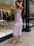 Spaghetti Straps Sheath Column Purple Flower Prom Dress