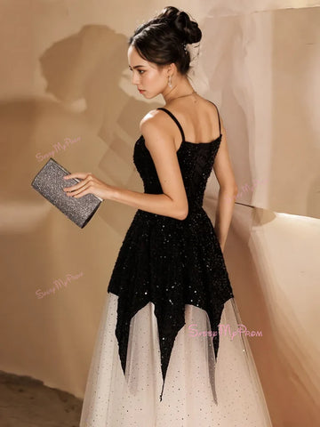 Spaghetti Straps Sequin Black & White Long Prom Party Dress Sassymyprom Spaghetti Straps Sequin Black & White Long Prom Party Dress Sassymyprom