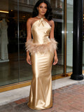 Halter Beading Feather Sheath Column Gold Satin Prom Dress