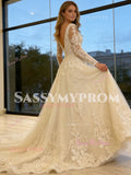 V Neck A Line Tulle Appliques Long Sleeve Wedding Dress