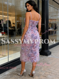 Spaghetti Straps Sheath Column Purple Flower Prom Dress