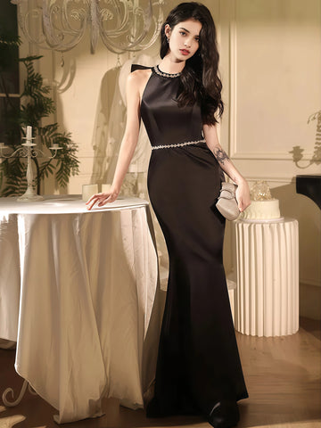 Black Beading Trumpet Mermaid Backless Bow Prom Dress
