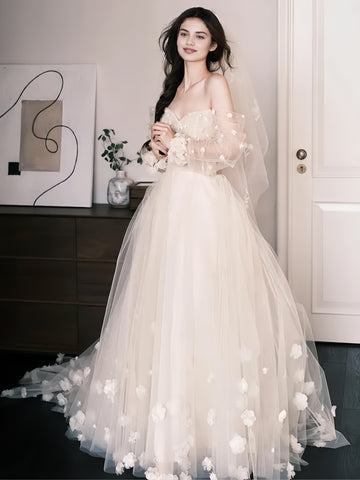 Flower Tulle Long Sleeve Off The Shoulder Wedding Dress