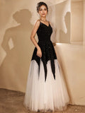 Spaghetti Straps Sequin Black & White Long Prom Party Dress