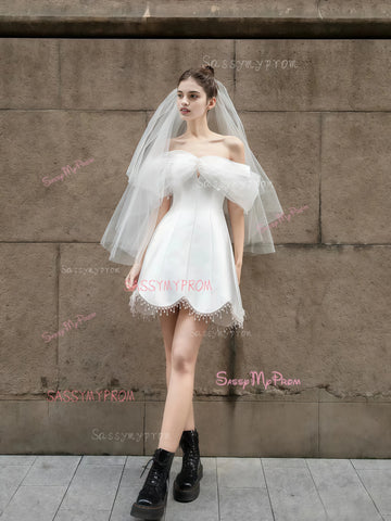 Beading Short Mini Satin Off The Shoulder Wedding Dress Sassymyprom Beading Short Mini Satin Off The Shoulder Wedding Dress Sassymyprom