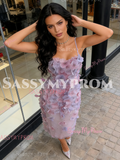Spaghetti Straps Sheath Column Purple Flower Prom Dress