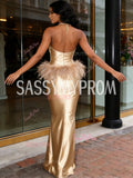 Halter Beading Feather Sheath Column Gold Satin Prom Dress