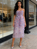Spaghetti Straps Sheath Column Purple Flower Prom Dress