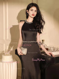 Black Beading Trumpet Mermaid Backless Bow Prom Dress