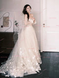 Flower Tulle Long Sleeve Off The Shoulder Wedding Dress