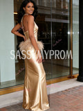 Halter Beading Feather Sheath Column Gold Satin Prom Dress