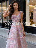 Tulle Beading Straps Floral A Line Prom Dress