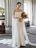 Satin Tulle Long Sleeve Strapless Trumpet Mermaid Wedding Dress