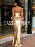 Halter Beading Feather Sheath Column Gold Satin Prom Dress
