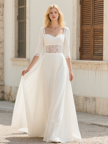 Square Backless Long Sleeve Chiffon Wedding Dress