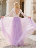 V Neck Lace Purple Long Sleeve Wedding Dress