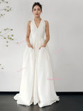 A Line V Neck Satin Wedding Dress With Pockets