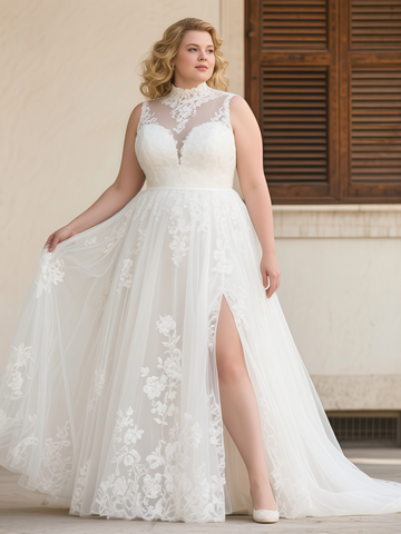 Sheer A Line Plus Size High Neck Wedding Dress