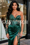 One Shoulder Satin & Lace Dark Green Mermaid Prom Dress