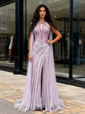 Tulle Beading Sheath Column Lavender Prom Dress With Slit