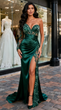 One Shoulder Satin & Lace Dark Green Mermaid Prom Dress