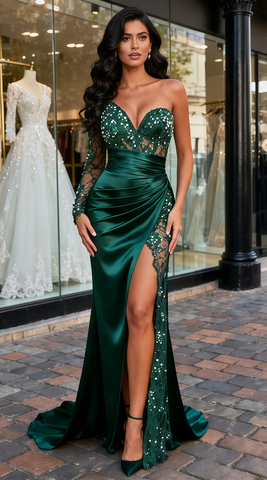 One Shoulder Satin & Lace Dark Green Mermaid Prom Dress
