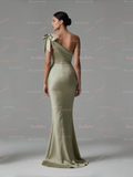 One Shoulder Corset Mermaid Green Satin Prom Dress