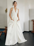 A Line V Neck Satin Wedding Dress With Pockets