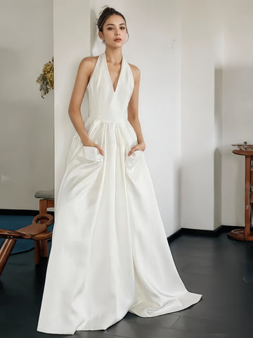 A Line V Neck Satin Wedding Dress With Pockets