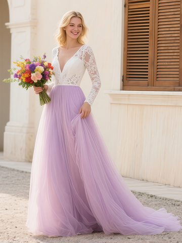 V Neck Lace Purple Long Sleeve Wedding Dress