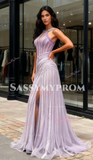 Tulle Beading Sheath Column Lavender Prom Dress With Slit