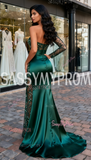 One Shoulder Satin & Lace Dark Green Mermaid Prom Dress