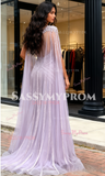 Tulle Beading Sheath Column Lavender Prom Dress With Slit
