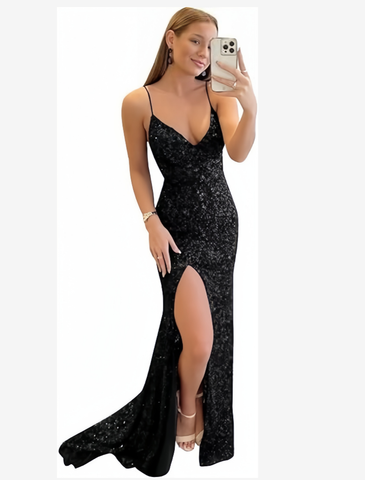Black Sexy Sequin Trumpet Mermaid Prom Dress With Slit