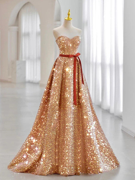 Radiant Sequin Gold Evening Dress with Belt Radiant Sequin Gold Evening Dress with Belt