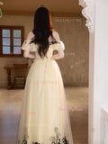 Flower Off The Shoulder Lace Champagne Prom Dress