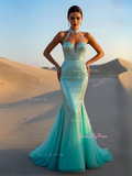 Satin Appliques Beading Trumpet Mermaid High Neck Mint Prom Dress