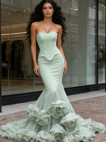 Trumpet Mermaid Flower Sweetheart Corset Satin Green Prom Dress