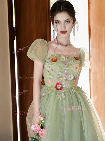 Flowers Short Sleeve Green Tulle Princess Prom Dress Sassymyprom Flowers Short Sleeve Green Tulle Princess Prom Dress Sassymyprom