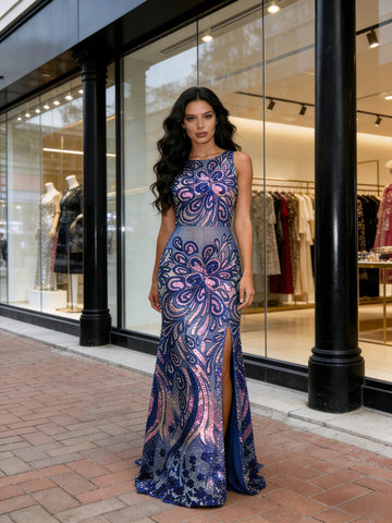 Sheath Column Sequin Purple Jewel Floral Prom Dress