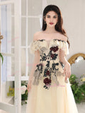 Flower Off The Shoulder Lace Champagne Prom Dress